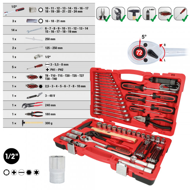 940.0047 1/2" universālais instrumentu komplekts, 47-daļīgs